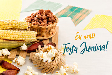 June party table Typical Brazilian feast of June. Written in Portuguese (I love Festa Junina).