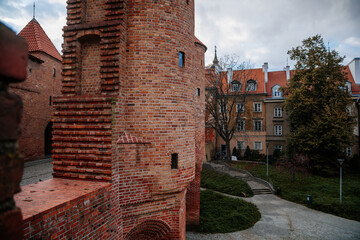 Warsaw, Poland, 13 October 2021: Barbican complex network of historic fortifications between Old...