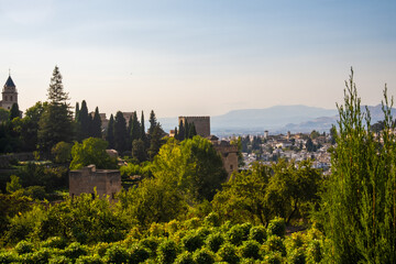 Aerial view of the city with historic center of Granada with some part of Alcazaba castle and...