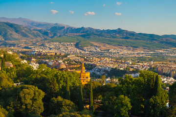 Aerial view of the city of Granada with Sierra Nevada on background