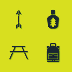 Set Hipster arrow, Hiking backpack, Picnic table with benches and Canteen water bottle icon. Vector