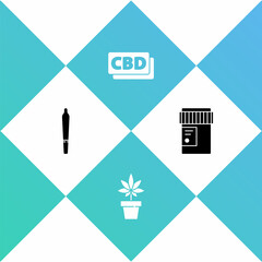 Set Marijuana joint, or cannabis plant, Cannabis molecule and Medical bottle with icon. Vector