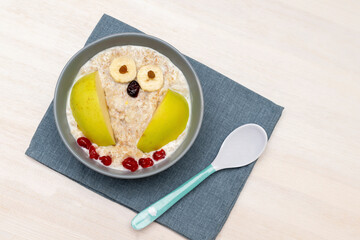 Funny cute kids childrens babys breakfast lunch oatmeal porridge in bowl look like owl decoration with apple, banana, dried berry fruits, food art on white wooden table