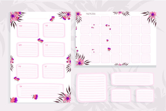 Template table planner pages for weekly, and monthly with tropical flowers and eucalyptus leaves. Set of organizer page, diary, and daily control book. Life planners, weekly and days organizers