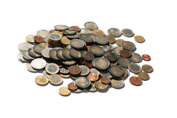 A lot of euro coin money on a white background for investing, trading and business enrichment