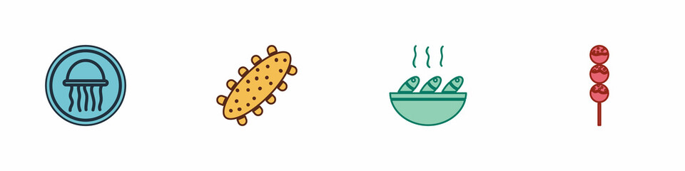 Set Jellyfish on a plate, Sea cucumber, Fish soup and Takoyaki stick icon. Vector