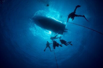 Divers at the end of a dive in the Caribbean
