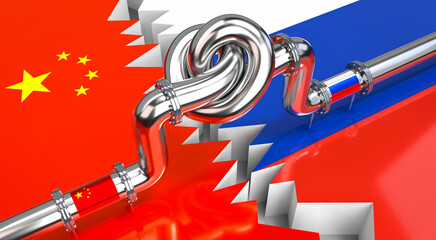 Fuel/ gas pipeline with a knot, flags of China and Russia - 3D illustration