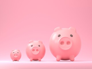 3d pink money piggies standing in a row