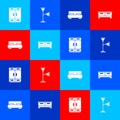 Set Wardrobe, Floor lamp, Big bed and Chest of drawers icon. Vector