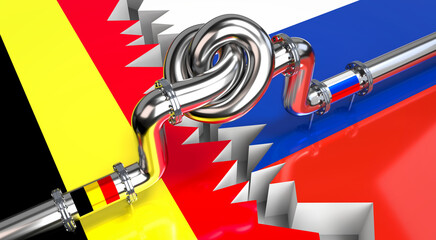 Fuel/ gas pipeline with a knot, flags of Belgium and Russia - 3D illustration