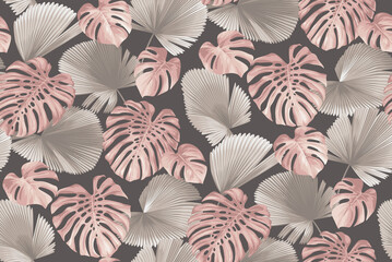 Fototapeta premium Seamless pattern with tropical palm leaves. Realistic style. Foliage design on a white background. Vector illustration.