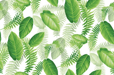 Seamless pattern with tropical leaves. Realistic style. Foliage design on a white background. Vector illustration.