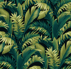 Seamless pattern with tropical palm leaves. Realistic style. Foliage design on a black background. Vector illustration.