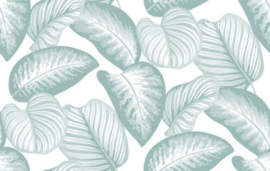 Fototapeta na wymiar Seamless pattern with tropical plants. Foliage background. Leaves in realistic style. Vector botanical illustration. Hawaiian summer design.