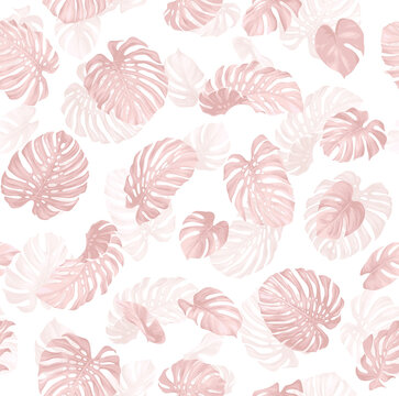 Seamless pattern with tropical monstera leaves in realistic style. Vector botanical illustration. Foliage design on a white background.