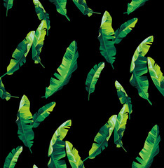 Seamless pattern with banana palm leaves in realistic style. Vector tropical botanical illustration. Foliage design on a black background.