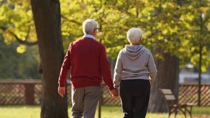 Fototapeta premium Back shot of senior retired couple spending their leisure time by walking in nearby park in autumn. True love and long lasting relationships. High quality photo