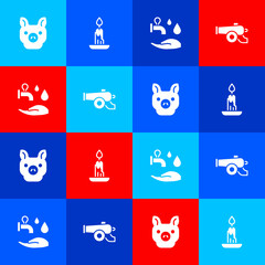 Set Pig, Burning candle, Wudhu and Ramadan cannon icon. Vector