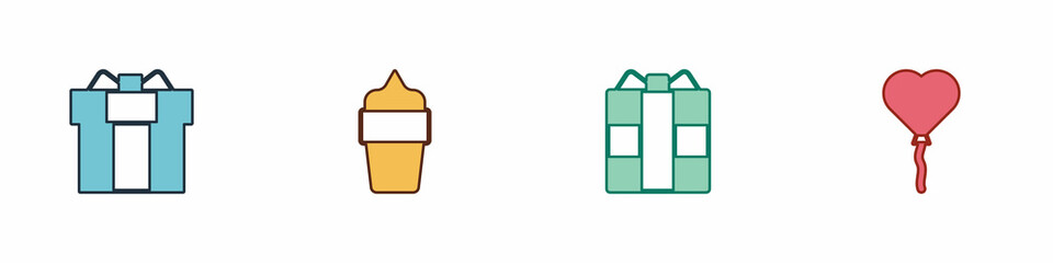 Set Gift box, Ice cream in waffle cone, and Balloons form of heart icon. Vector