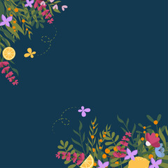 Summer banner design with flowers, leaves, lemons.