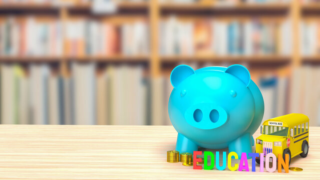 The blue piggy bank and school bus image for saving to education 3d rendering