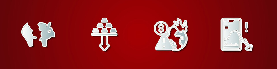 Set Broken piggy bank, Gold bars, Global economic crisis and Mobile stock trading icon. Vector