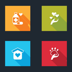 Set Medicine bottle and pills, Heart hand, Shelter for homeless and Animal volunteer icon. Vector