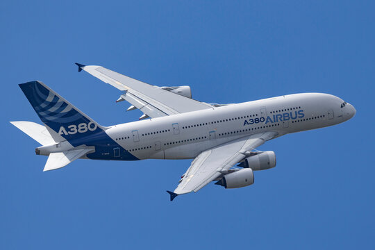 Farnborough, UK - July 16, 2014: Airbus A380-841 large four engined commercial airliner aircraft F-WWOW..