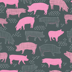 pigs vector seamless pattern isolated hand drawn illustration silhouettes