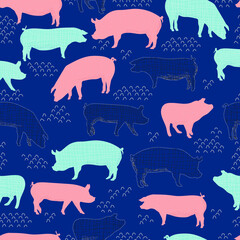 pigs vector seamless pattern isolated hand drawn illustration silhouettes