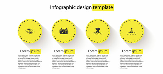 Set Flippers for swimming, Photo camera diver, Whale tail and Floating buoy. Business infographic template. Vector