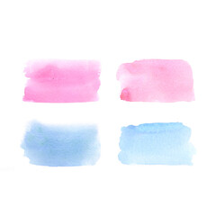 Set of watercolor pink, blue paint strokes isolated on white background.