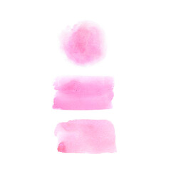 Watercolor hand drawn pink stains, circles, frames isolated on white background.