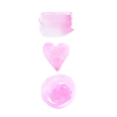 Watercolor hand drawn pink paint strokes, stain, circles, heart isolated on white background.