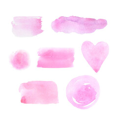 Watercolor pink design elements, spots, stains isolated on white background.