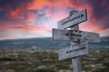confidence prana motivation text quote caption on wooden signpost outdoors in nature. Stock sign words theme.