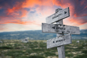 dignity ethics morals text quote caption on wooden signpost outdoors in nature. Stock sign words theme. - obrazy, fototapety, plakaty