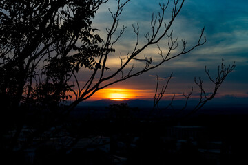 Sunset. Sunset with high clouds leaving the sky orange and blue. Backlight of the leaves and branches of the trees in a park in Madrid, in Spain. Europe. Horizontal photography.