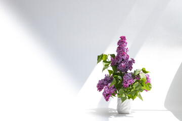 Branches of fresh purple lilac in white vase