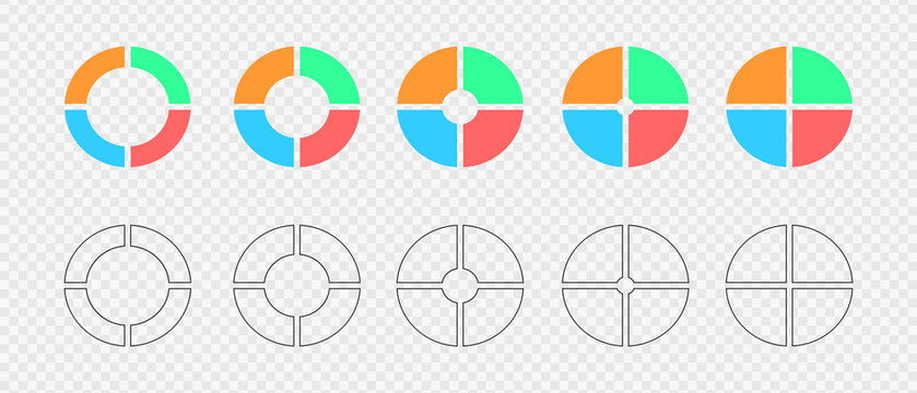 Donut charts. Set of infographic wheels divided in 4 multicolored and graphic sections. Circle diagrams or loading bars. Round shapes cut in four equal parts. Vector flat and outline illustration