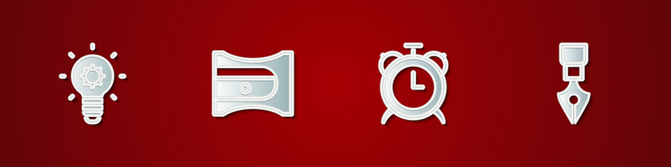 Set Light bulb, Pencil sharpener, Alarm clock and Fountain nib icon. Vector