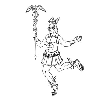 Flying Mercury in armor. The ancient Roman god of trade and luck. Vector illustration with contour lines in black ink isolated on a white background in cartoon and hand-drawn style.