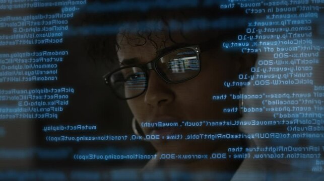 Lateral Dolly Focused Young African American Software Developer or Engineer Programming Code Writing and Smiling. App Programmer Looking at Hologram of Program Code Machine Learning Data Algorithm.