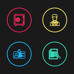 Set line Identification badge, Document with search, User of man in business suit and Safe icon. Vector