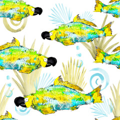 funny fish pattern bright parrot seamless watercolor ink seaweed on white background