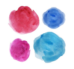 Colorful watercolor brush strokes spots. Drop vector splashing in blue, pink, red and purple. Paint stain bubbles in acrylic technique. Design splash liquid. Vibrant dots in hand drawn.