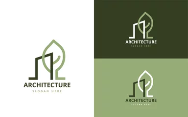 Foto op Canvas Architecture logo with a building and a natural leaf. © PRSCHMITZ