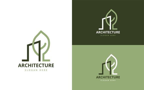Architecture logo with a building and a natural leaf.