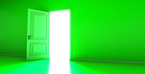 Green Room with the door open for a sky. Door to heaven. 3D Rendering.
